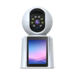 Front view of WiFi PT camera showcasing 3MP lens and integrated color LCD screen.