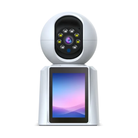 Front view of WiFi PT camera showcasing 3MP lens and integrated color LCD screen.