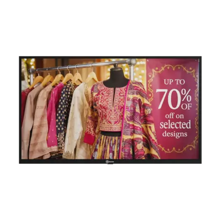55-inch wall-mount digital signage in corporate setting showing dynamic content with 2GB RAM and 16GB storage
