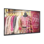 55-inch wall-mount digital signage in corporate setting showing dynamic content with 2GB RAM and 16GB storage