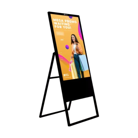 Digital Signage display showing sample content on 43-inch floor stand with tempered glass protection.